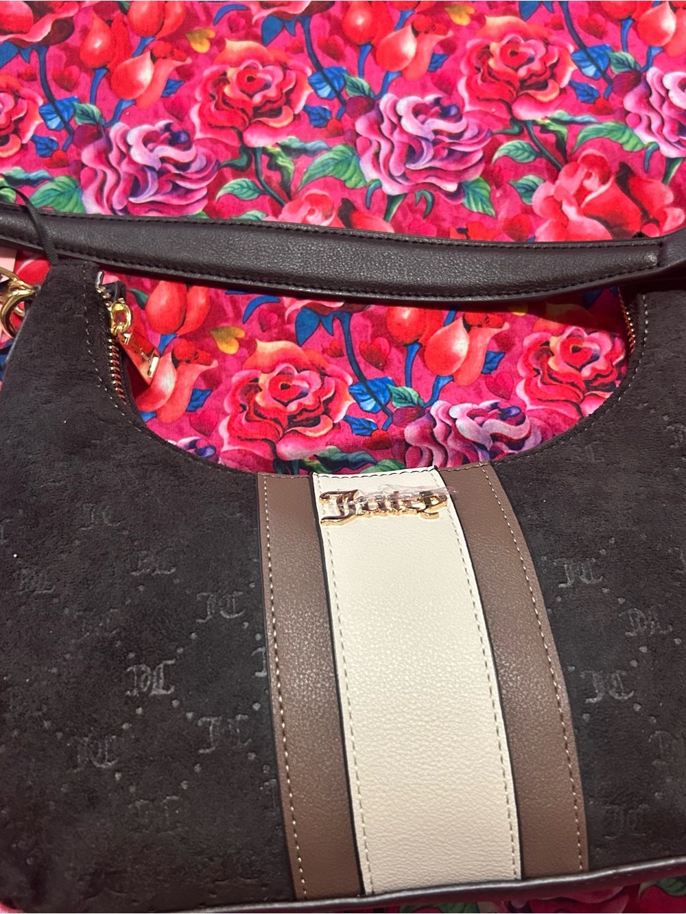 Juicy couture Black and Brown Suede Shoulder Bag with Cream Stripe